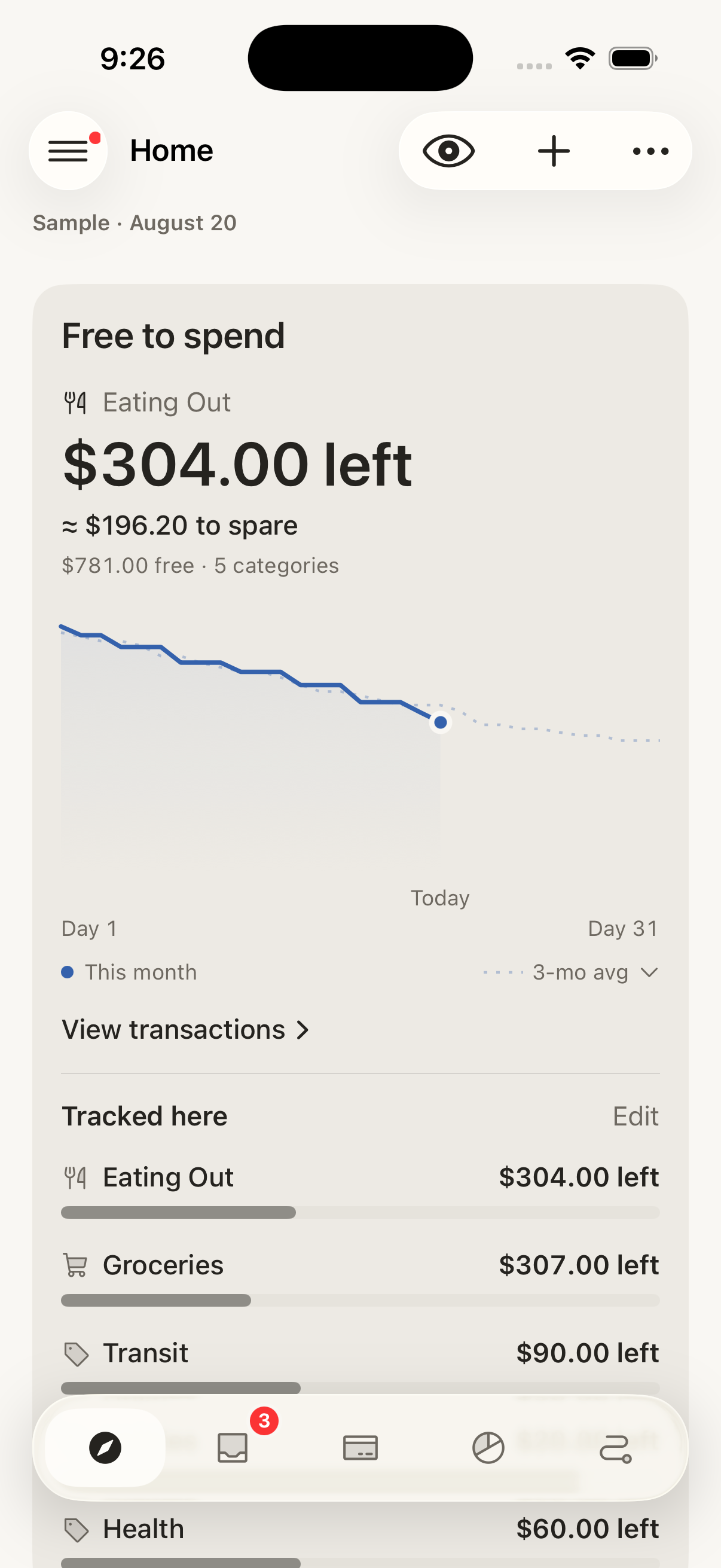 Actual native Cruiser iPhone app with Eating Out selected in Free to spend, using fictional Sample August 20 data.